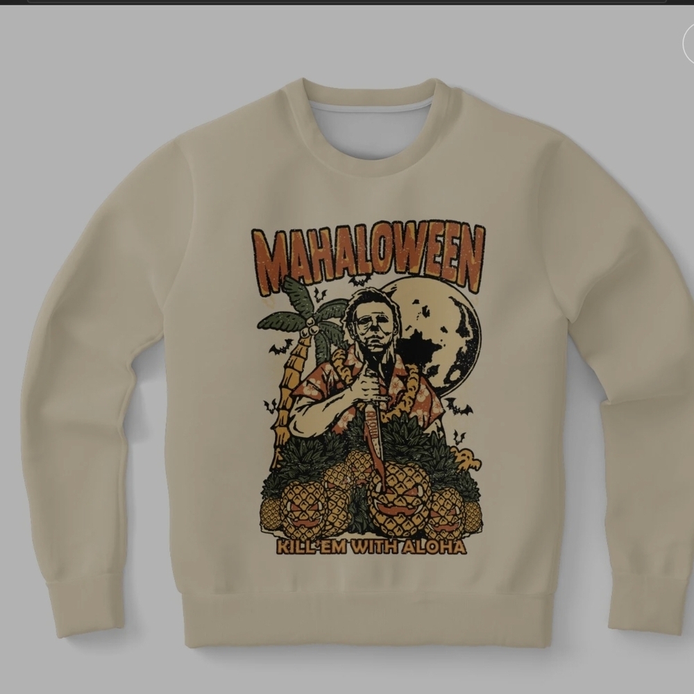 Mahalloween Graphic Men's Crewneck Sweater - Tan
